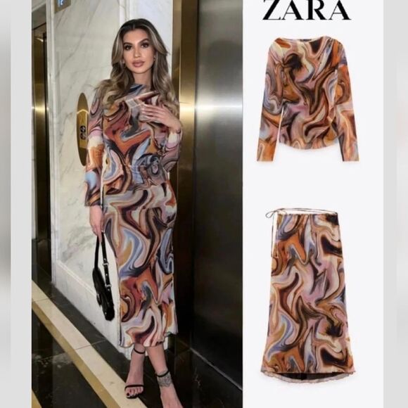 ZARA SET Printed tulle โSet Top And Skirt Organge Beige Brown Combiation - Picture 3 of 16
